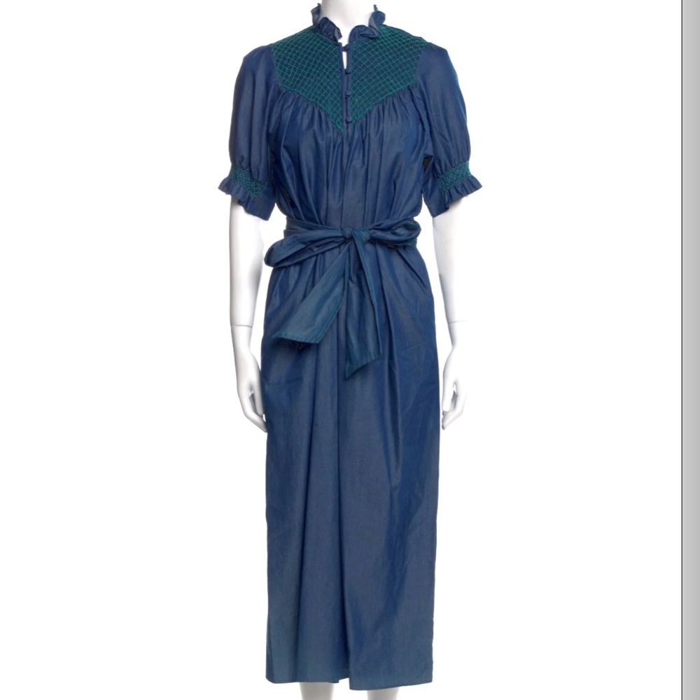 Loretta Caponi Elegant Blue Maxi Dress MockNeck Ruffle Designer Quiet Luxury Med - Picture 1 of 14